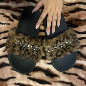 bebe Brown Faux Fur Slide Sandals with Rhinestone Accent